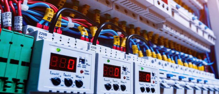 Voltage switchboard with circuit breakers. Electrical background